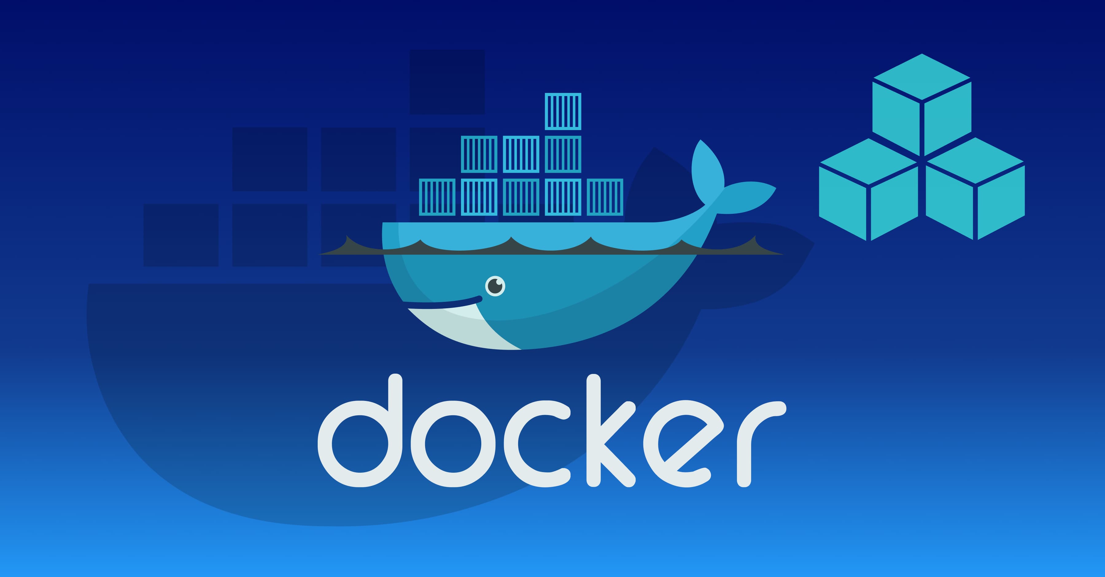 Logo de Docker con fondo azul marino y una pirámide de contenedores color cian