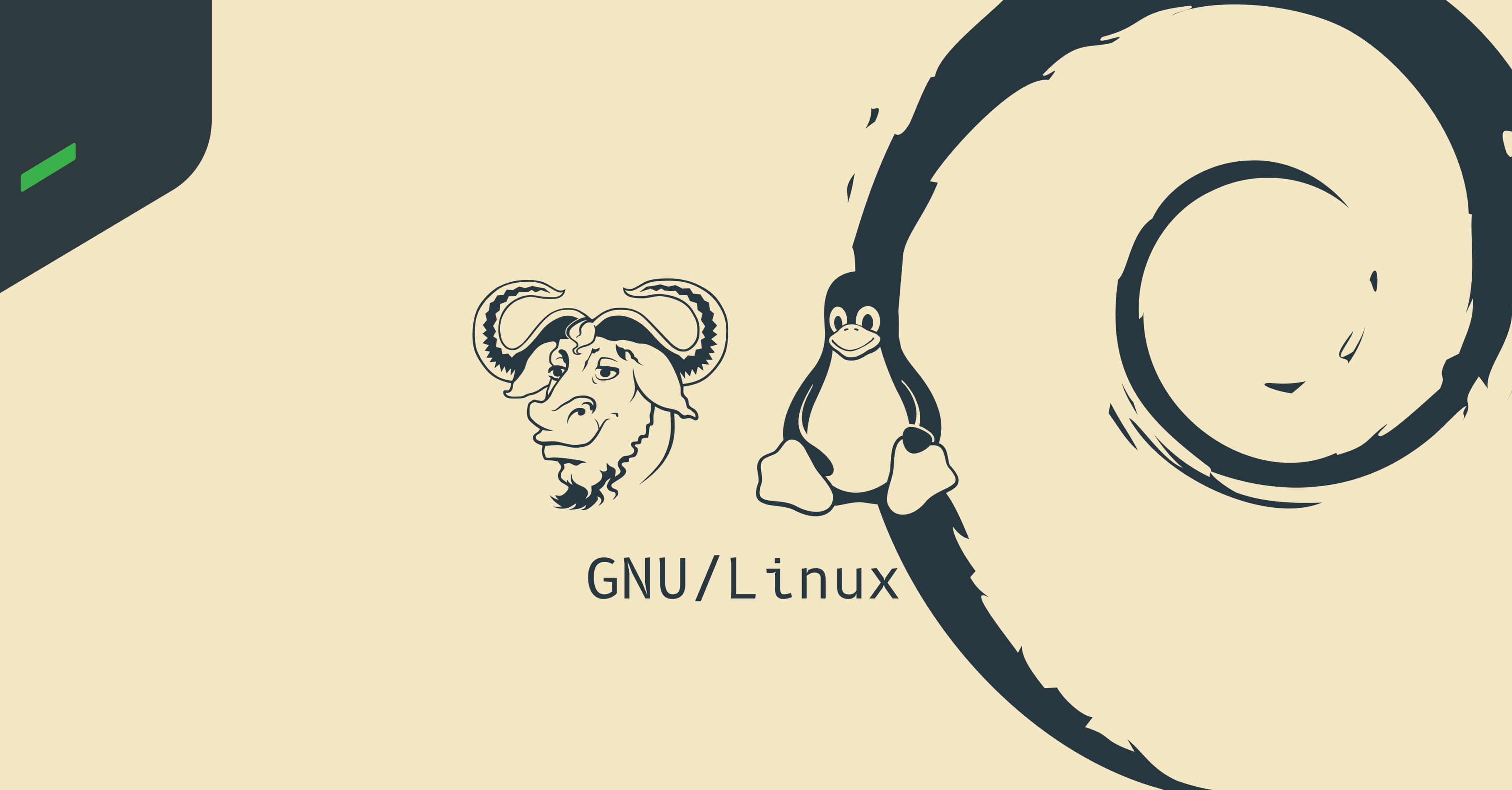 Logo de Debian GNU/Linux junto a los logos de GNU y Linux con fondo crema